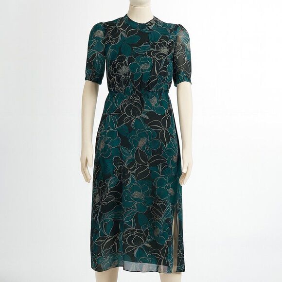 Julia Jordan Dress 16 Teal Floral Midi Puff Sleeve Slit Hem Nordstrom $1… - Picture 5 of 10